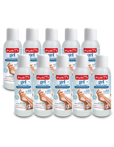 Lot de 10 Mini-flacons de 100ml de Gel Hydroalcoolique Français – Purity