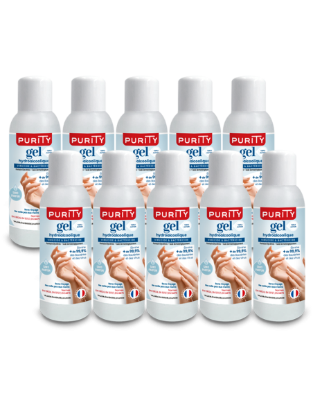 Lot de 10 Mini-flacons de 100ml de Gel Hydroalcoolique Français – Purity