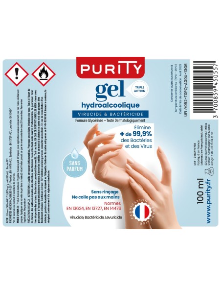 Lot de 10 Mini-flacons de 100ml de Gel Hydroalcoolique Français – Purity