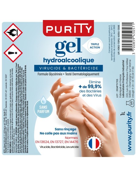 Flacon pompe de 1 litre de Gel Hydroalcoolique Français – Purity