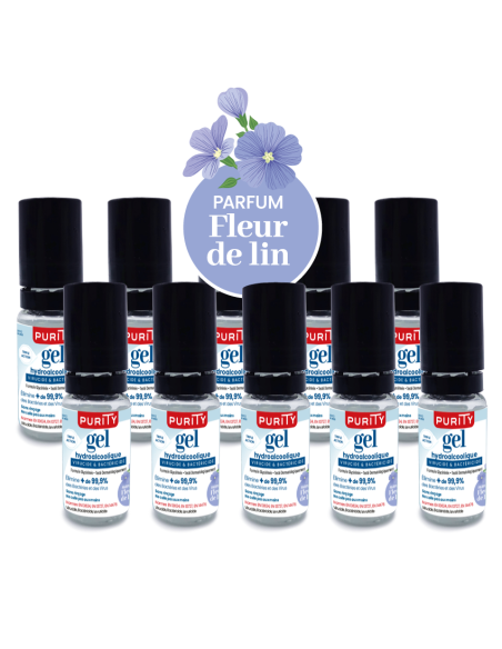 10 Mini-flacons de 10ml Gel Hydroalcoolique Français Parfum Fleur de Lin – Purity