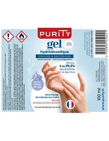 Mini-flacon 100ml Gel Hydroalcoolique Français - Parfum Fleur de Lin – Purity