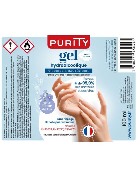 Mini-flacon 100ml Gel Hydroalcoolique Français - Parfum Fleur de Lin – Purity