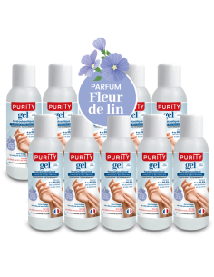 Lot de 10 Mini-flacons 100ml Gel Hydroalcoolique Français - Parfum Fleur de Lin – Purity 2