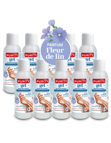 Lot de 10 Mini-flacons 100ml Gel Hydroalcoolique Français - Parfum Fleur de Lin – Purity