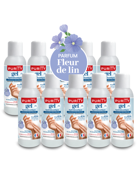 Lot de 10 Mini-flacons 100ml Gel Hydroalcoolique Français - Parfum Fleur de Lin – Purity