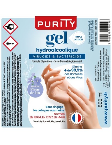 Flacon de 500ml Gel Hydroalcoolique Français - Parfum Fleur de Lin – Purity