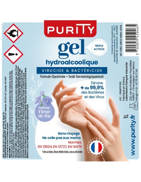 Flacon pompe 1 litre Gel Hydroalcoolique Français Parfum Fleur de Lin – Purity
