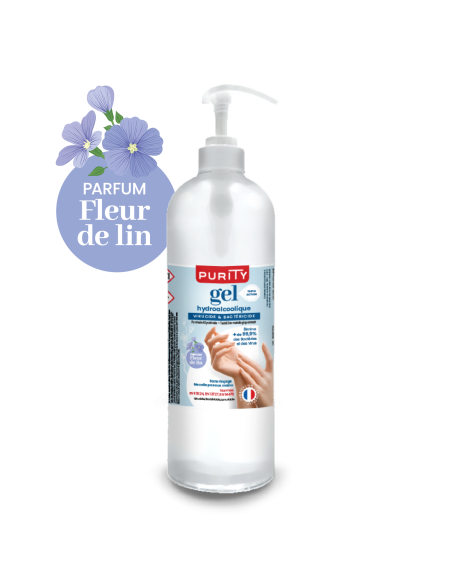 Flacon pompe 1 litre Gel Hydroalcoolique Français Parfum Fleur de Lin – Purity