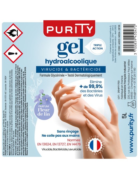 Bidon de 5 litres Gel Hydroalcoolique Français -  Parfum Fleur de Lin – Purity