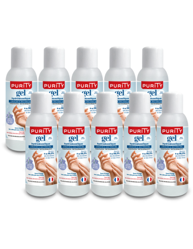 Lot de 10 Mini-flacons 100ml Gel Hydroalcoolique Français - Parfum Fleur de Lin – Purity