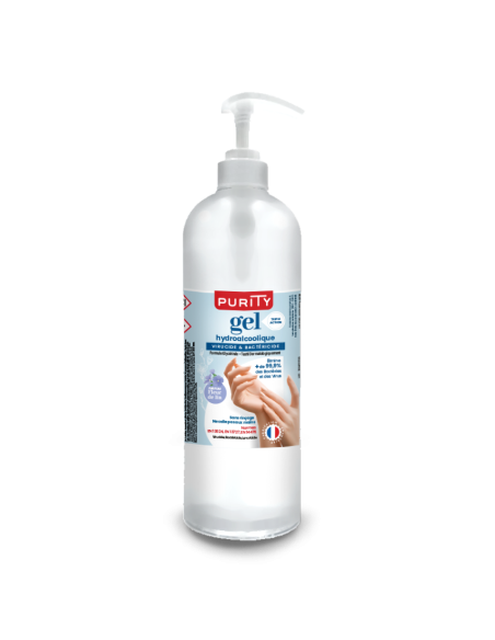 Flacon pompe 1 litre Gel Hydroalcoolique Français Parfum Fleur de Lin – Purity